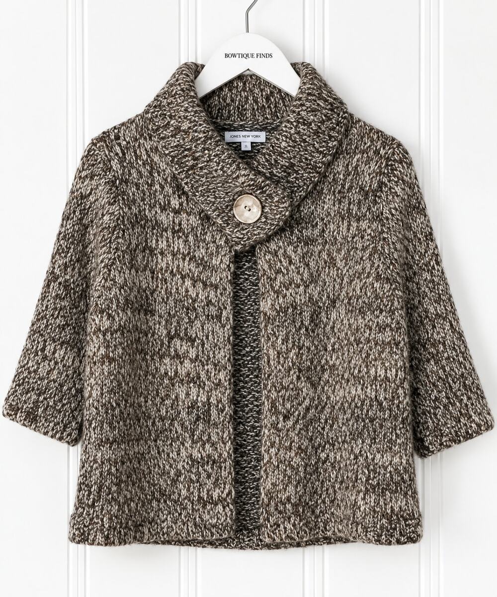 Carroll Reed Woman Cardigan 1X Gray Cream Chunky Knit One Button 3/4 Sleeve